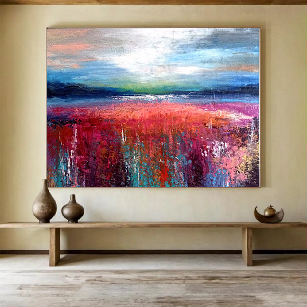 Blue, Pink, Red, Green Abstract Field and Sky Painting, Abstract Acrylic Art WB008