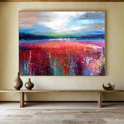 Blue, Pink, Red, Green Abstract Field and Sky Painting, Abstract Acrylic Art WB008