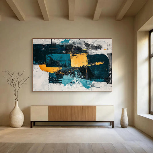 Hand Painted Art with Teal, Yellow, Black and White Colors, Geometric Abstract Theme WB326