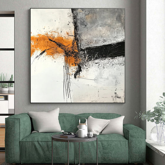 Hand-Painted Orange, Black, and White Abstract Expressive Painting For Sale HS111