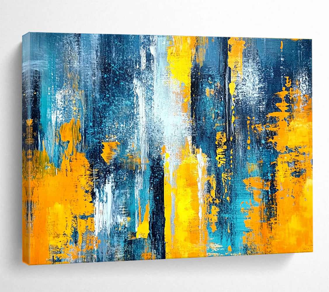Horizontal Blue, Gray, and Gold Textured Abstract Painting WB266