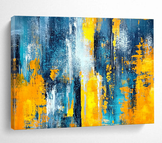 Horizontal Blue, Gray, and Gold Textured Abstract Painting WB266