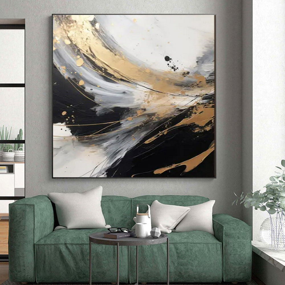 Cool Abstract Paintings Black, White, Gold, and Gray Dynamic Abstract Art HS594