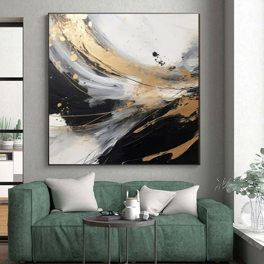 Cool Abstract Paintings Black, White, Gold, and Gray Dynamic Abstract Art HS594