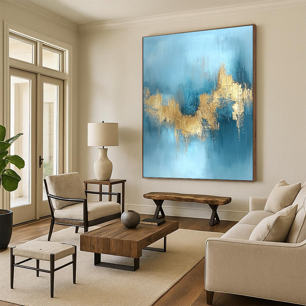 Blue, Gold Abstract Textured Art For Living Room and Bedroom WS433