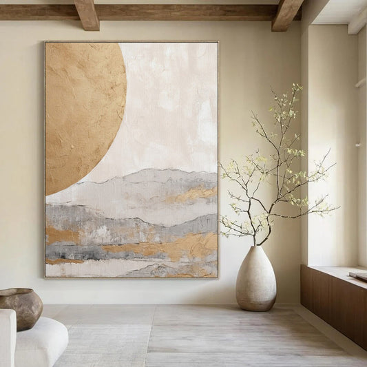 Gold, Gray, and Beige Abstract Mountain and Sun Painting For Sale Online WS486