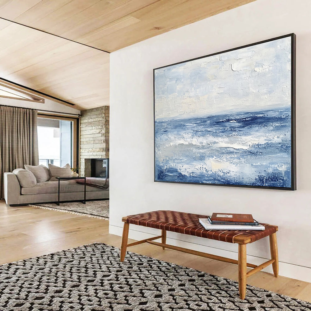 Extra Large Size Blue, White, and Gray Textured Abstract Seascape - Acrylic Painting WB291