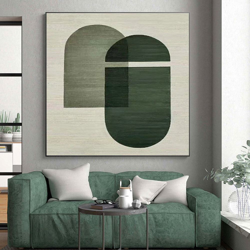 Hand-Painted Minimalist Canvas Art with Green, Gray Geometric Forms - Modern Art Acrylic HS514