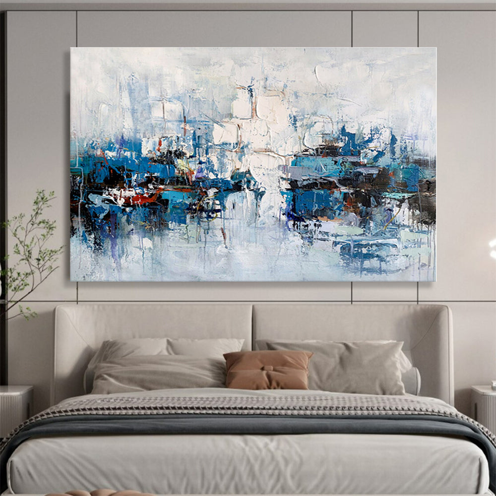 Large Size Blue and White Abstract Harbor Scene Painting WB055