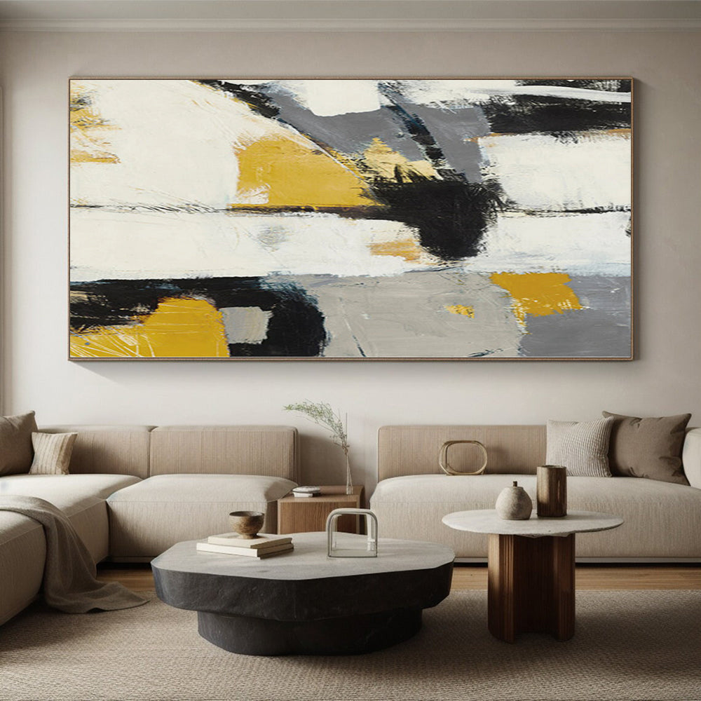 Huge Size Gray, Yellow, and Black Abstract Expressive Painting For Sale HS089