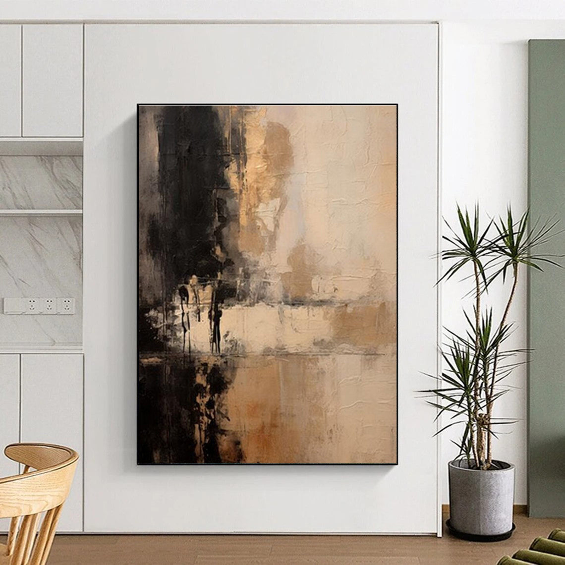 Unique Abstract Art Black & Beige Textured Abstract, Large Contemporary Wall Art HS367