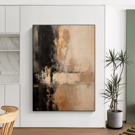 Unique Abstract Art Black & Beige Textured Abstract, Large Contemporary Wall Art HS367