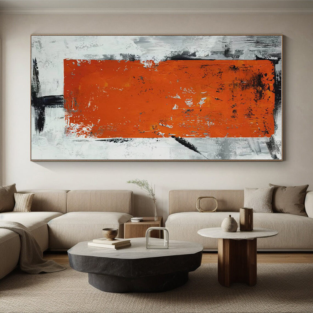 Hand Painted Art Orange & Gray Textured Abstract Geometric Block Art HS403