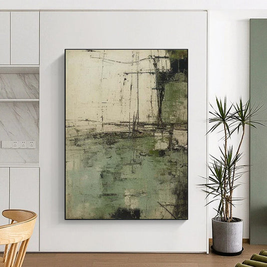 Unique Abstract Art Green & Beige Textured Abstract, Large Contemporary Wall Art HS336