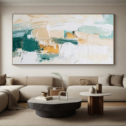 Acrylic Modern Art Paintings Teal, Beige, and Gold Textured Abstract Art HS742