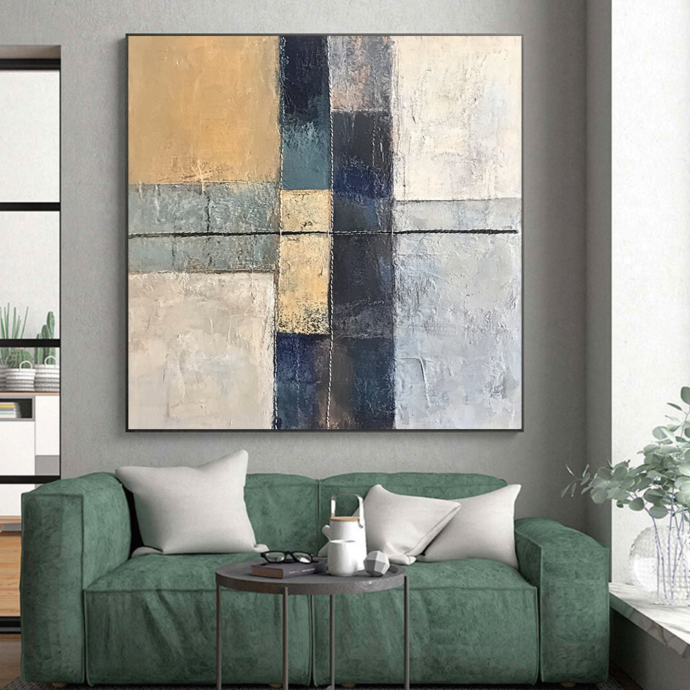 Handmade Art Beige, Gray, and Blue Abstract Geometric Painting For Sale HS153