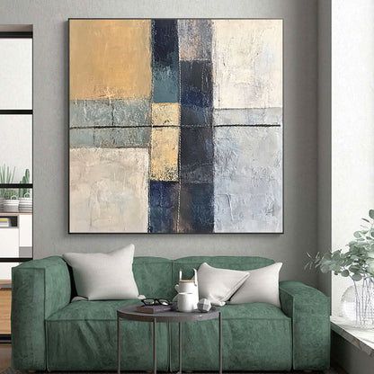 Handmade Art Beige, Gray, and Blue Abstract Geometric Painting For Sale HS153