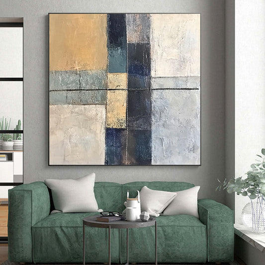Handmade Art Beige, Gray, and Blue Abstract Geometric Painting For Sale HS153