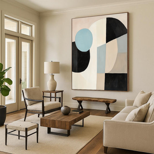 Handmade Art Beige, Black, and Blue Abstract Geometric Painting For Sale HS167