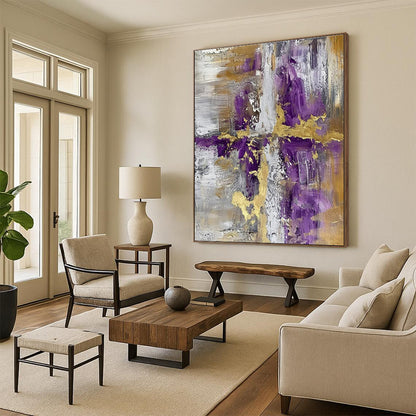 Modern Art Acrylic Purple, Gold, and Gray Abstract Composition HS593