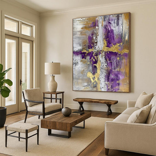 Modern Art Acrylic Purple, Gold, and Gray Abstract Composition HS593