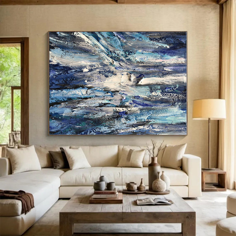 Large Contemporary Wall Art Blue and White Textured Abstract Art HS755
