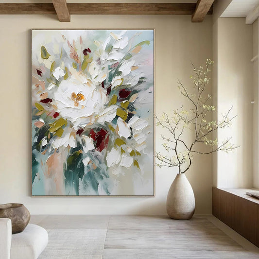 White, Red, and Green Abstract Floral Painting For Sale WS501