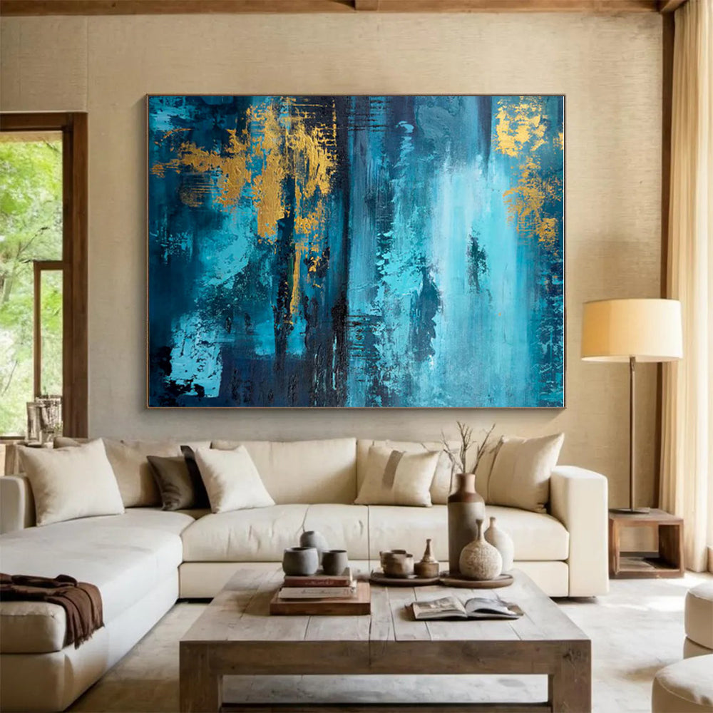 Gaint Canvas Art Teal & Gold Textured Abstract, Oversized Abstract Wall Art HS451