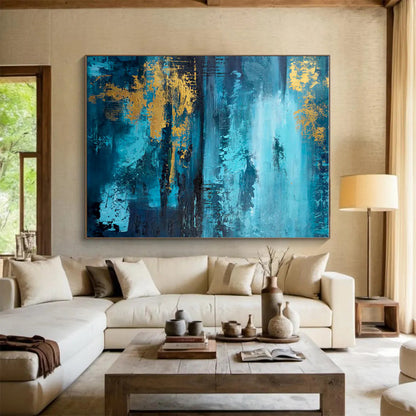 Gaint Canvas Art Teal & Gold Textured Abstract, Oversized Abstract Wall Art HS451