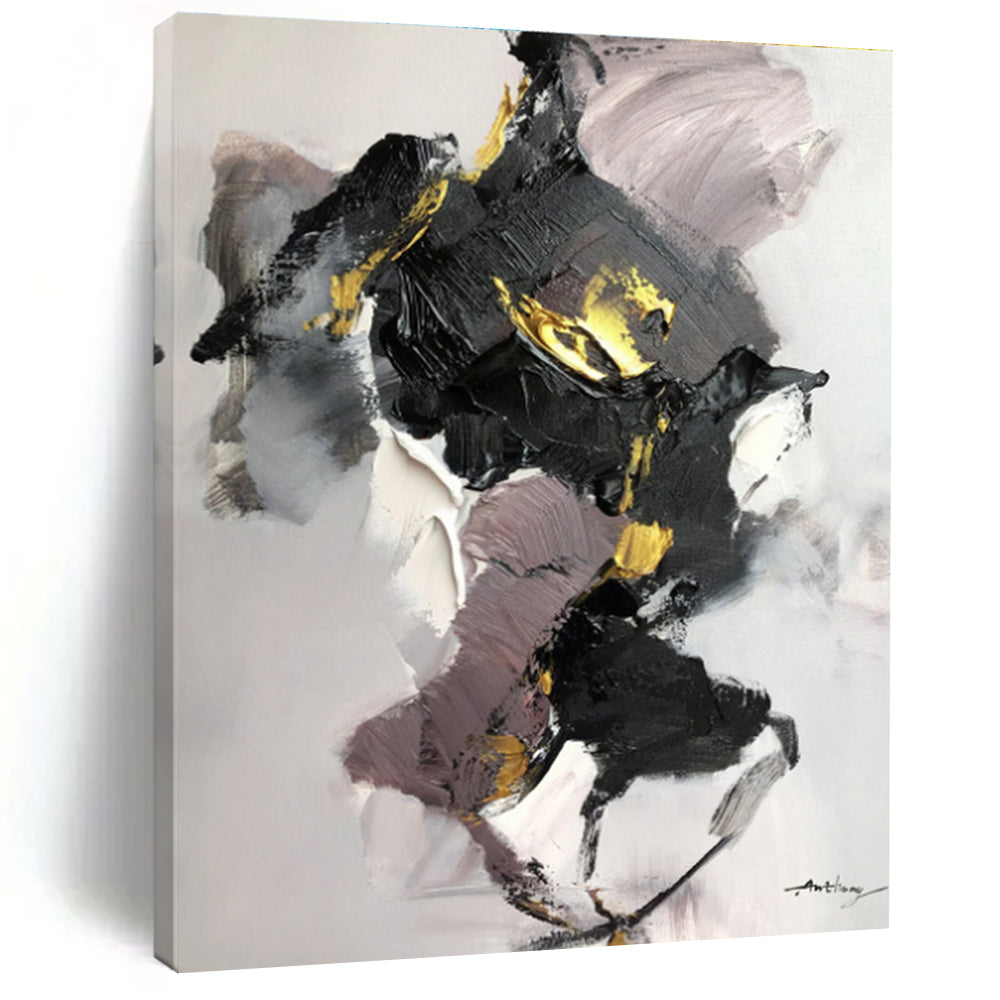 Oversized Abstract Wall Art with Black, Gray, White and Gold Colors, Energetic Abstract Theme HS476