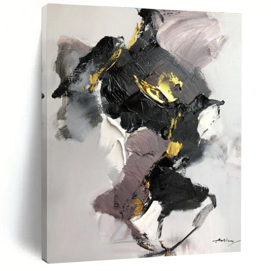 Oversized Abstract Wall Art with Black, Gray, White and Gold Colors, Energetic Abstract Theme HS476