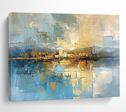 Blue, Beige, Gold Abstract Cityscape Reflection Art For Sale WB381