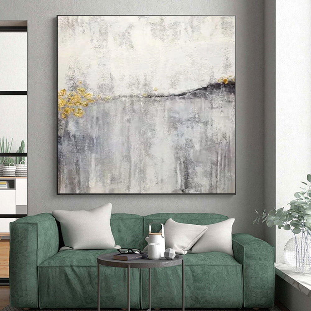 Hand-Painted Gray, White, and Gold Abstract Textured Painting For Sale HS035