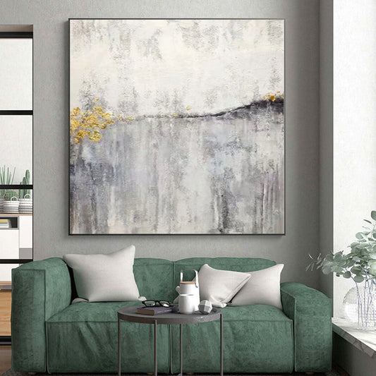 Hand-Painted Gray, White, and Gold Abstract Textured Painting For Sale HS035