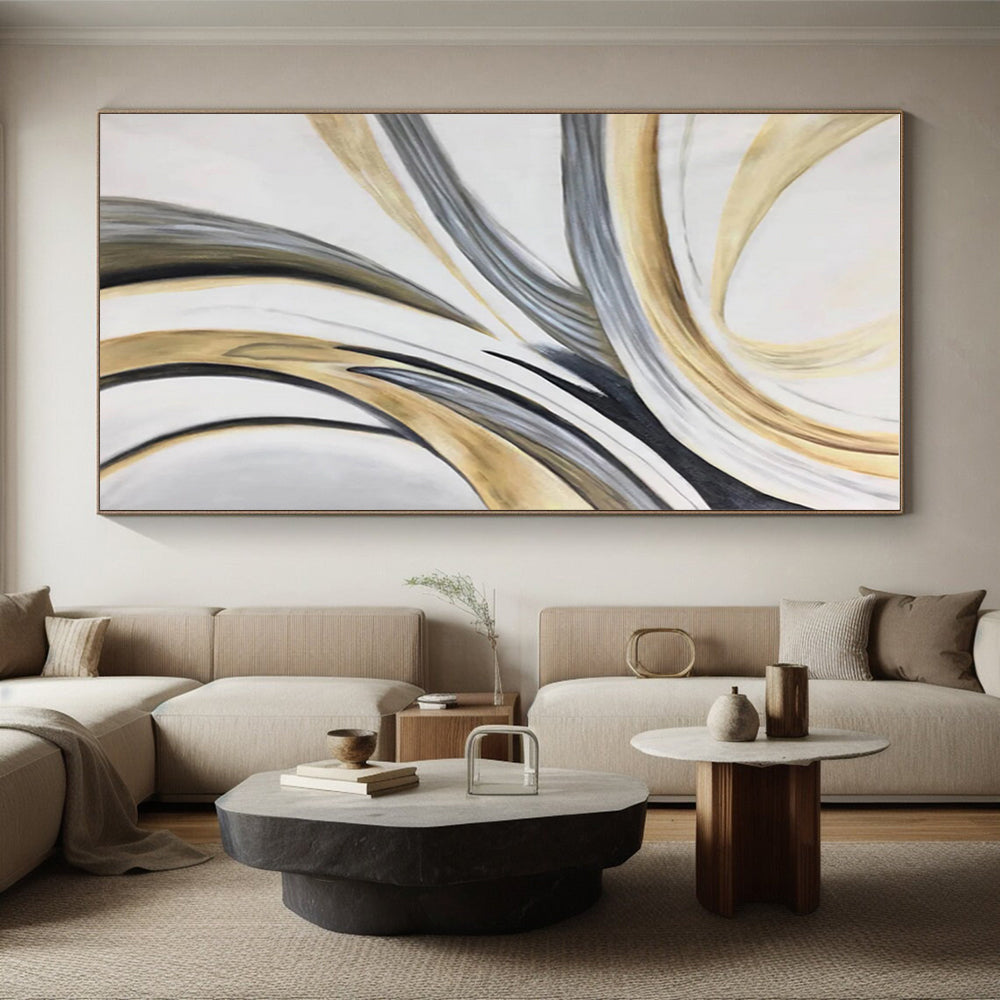 Hand-Painted Gold, Gray & Black Abstract Flowing Shape Art HS407