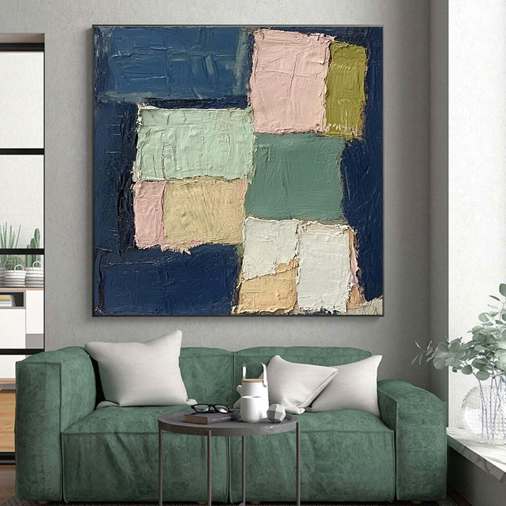 Hand Painted Art Navy & Pastel Blocks, Large Painting In Living Room HS205