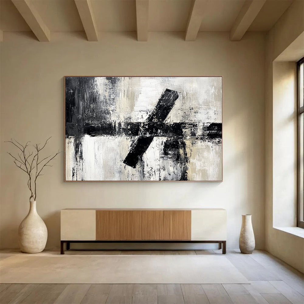 Oversized Canvas Art in Black, White, and Gray Textured Geometric Abstract Style WB260