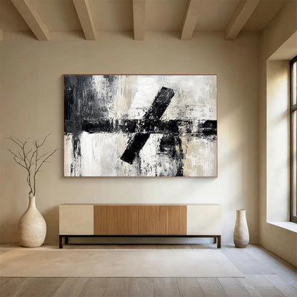 Oversized Canvas Art in Black, White, and Gray Textured Geometric Abstract Style WB260