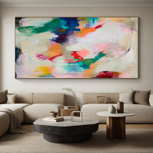 Hand Painted Art Colorful Abstract Acrylic Painting with Pink, Blue, Green, Yellow - Large Painting In Living Room HS516