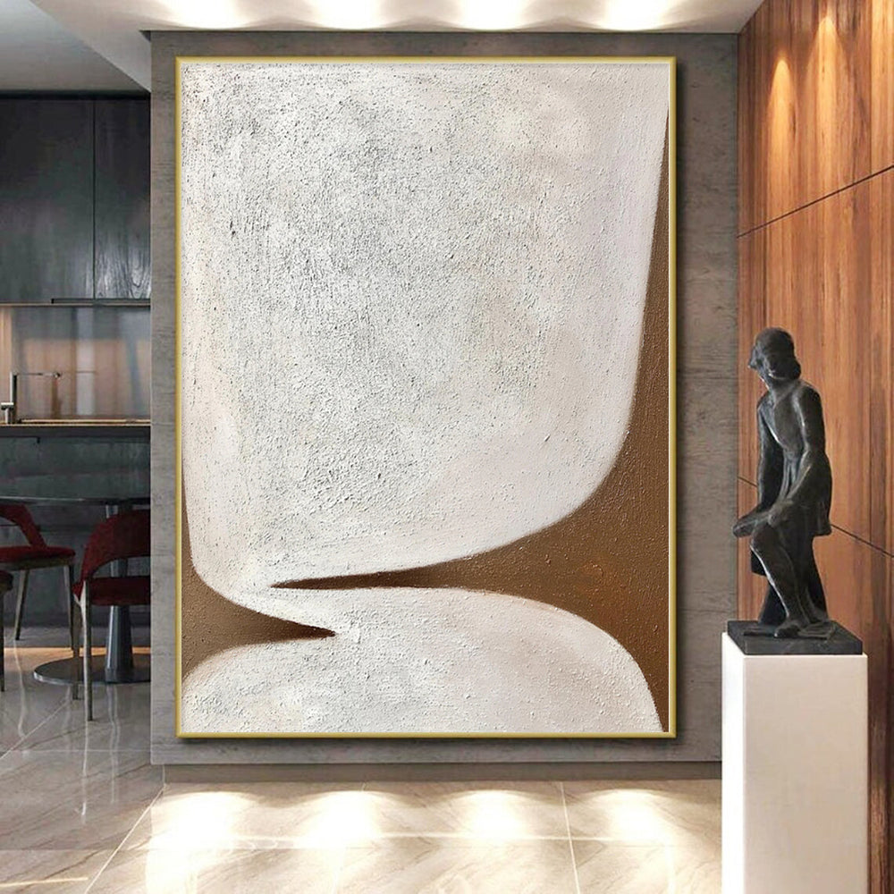 Hand-Painted White and Brown Abstract Shape Painting For Sale HS039