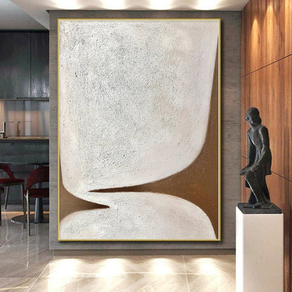 Hand-Painted White and Brown Abstract Shape Painting For Sale HS039