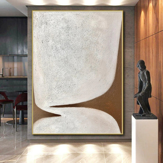 Hand-Painted White and Brown Abstract Shape Painting For Sale HS039