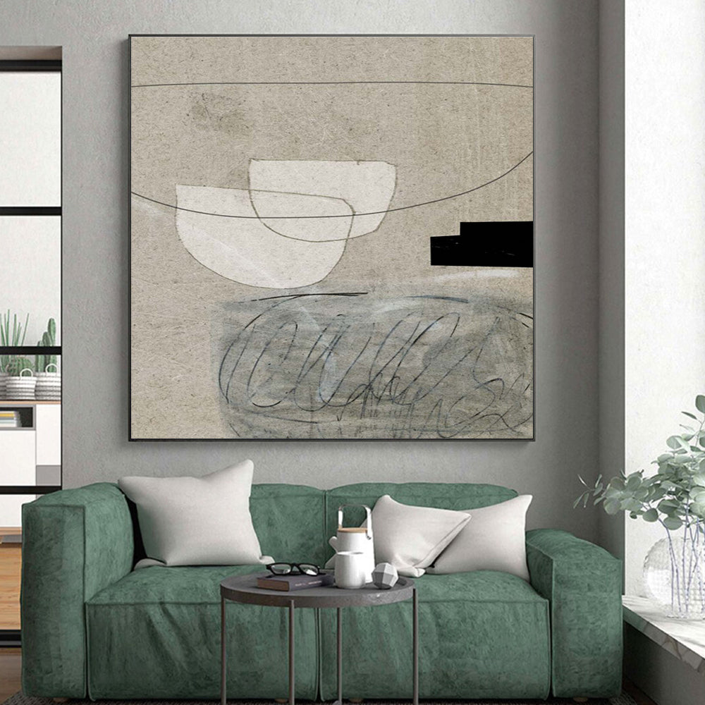 Minimalist Canvas Art Beige & Black Geometric Abstract, Handmade Art HS242