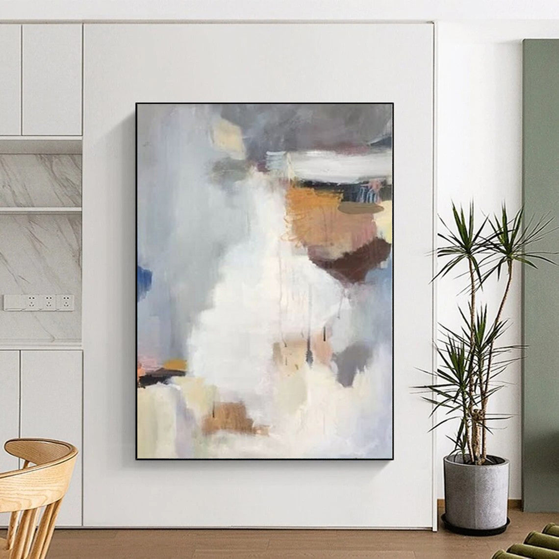 Hand-Painted Gray, White, and Brown Soft Abstract Painting For Sale HS004