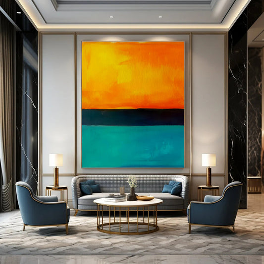 Orange, Teal, and Black Abstract Sunset Seaside Painting For Sale WS498