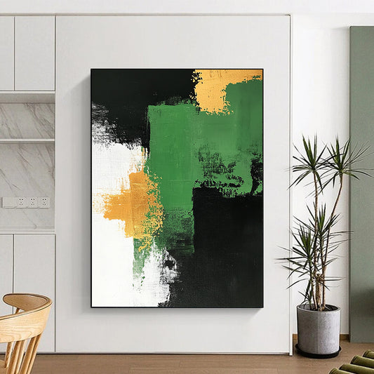 Handmade Art Green, Black, and Gold Abstract Shape Painting For Sale HS145