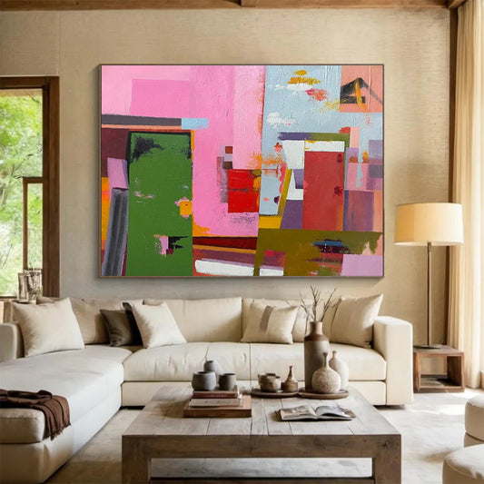 Horizontal Pink, Green, and Multicolor Geometric Abstract Art, Abstract Acrylic Painting WB173
