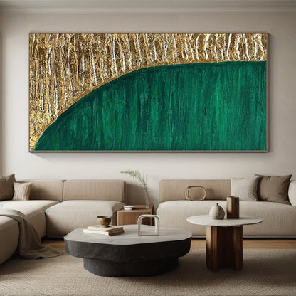 Hand-Painted Green and Gold Abstract Textured Shape Painting For Sale HS048