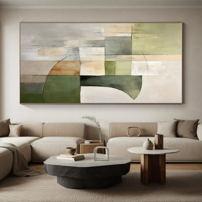Acrylic Modern Art Paintings Green, Beige, and Gray Geometric Abstract Painting On Canvas HS780