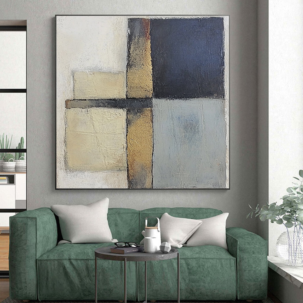 Modern Art Acrylic Beige, Black, and Gold Abstract Geometric Painting For Sale HS159